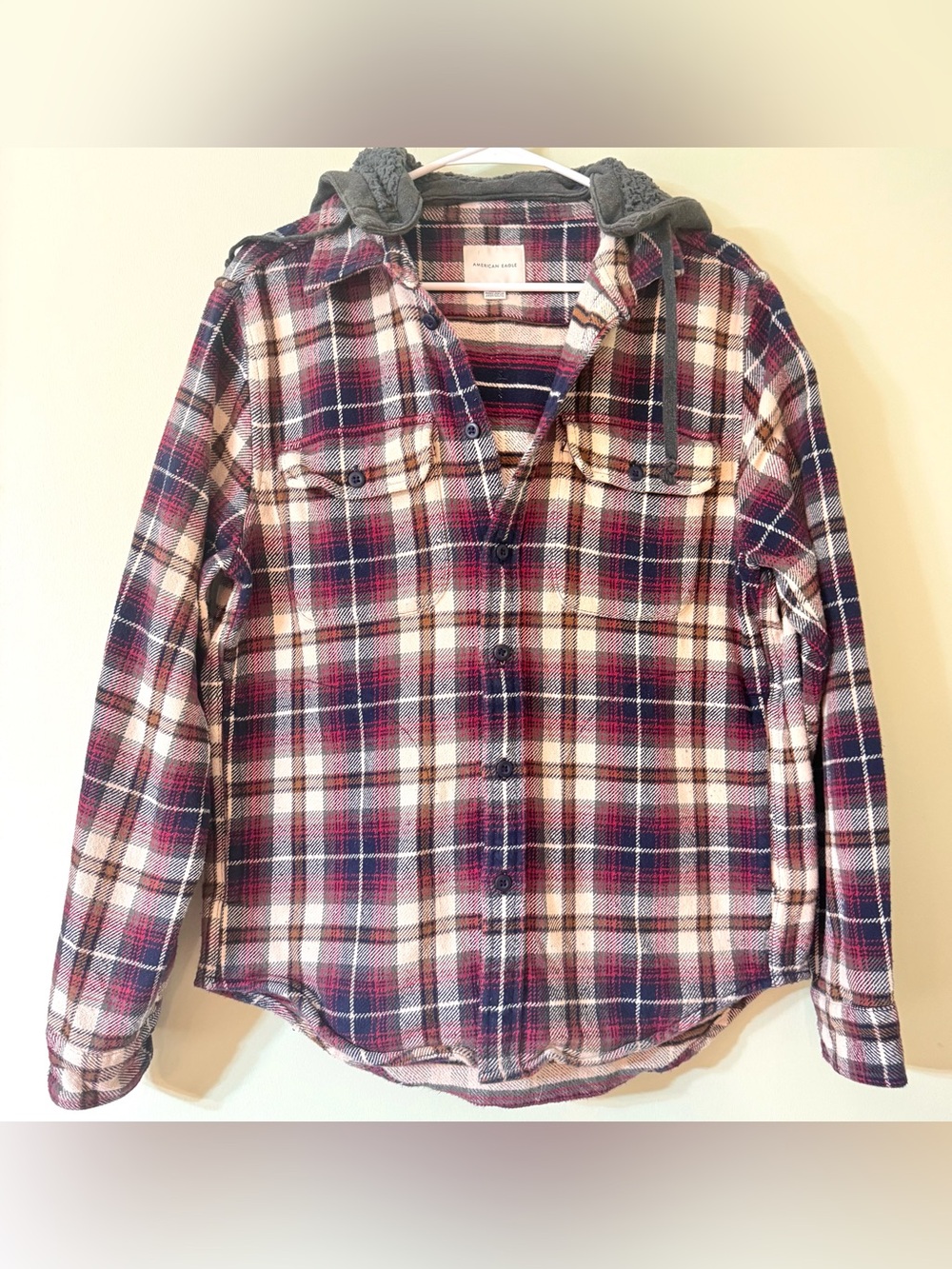 American Eagle Hooded Flannel Shacket Plaid Sherpa Lined Mens M
